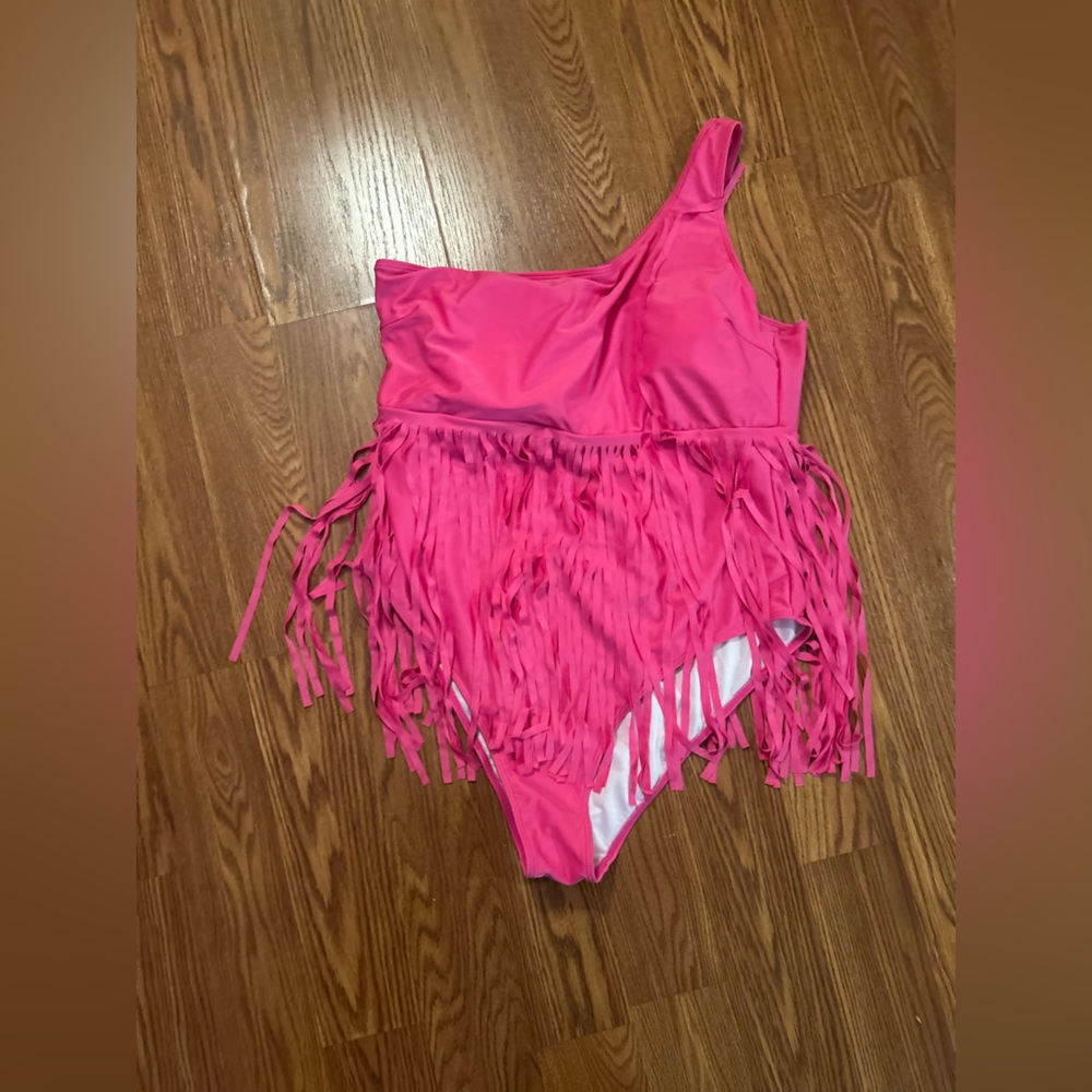 Pink One-Shoulder Fringe Swimsuit